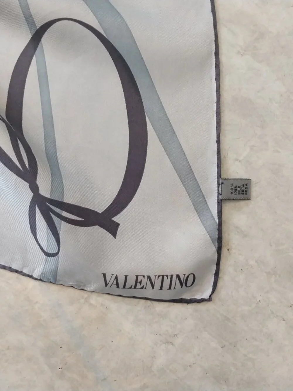 Valentino Large Square Scarf 100% Silk Blue Graphic Logo Hand Rolled Hem 34